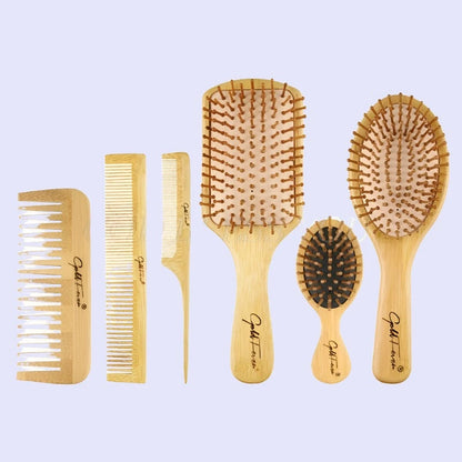 6-Piece Bamboo Hairbrush and Comb Set for Scalp Massage and Hair Care