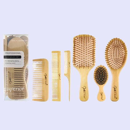 6-Piece Bamboo Hairbrush and Comb Set for Scalp Massage and Hair Care