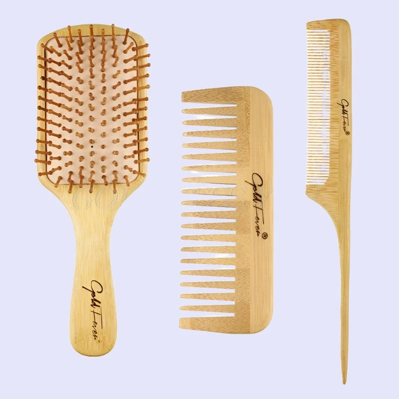 6-Piece Bamboo Hairbrush and Comb Set for Scalp Massage and Hair Care