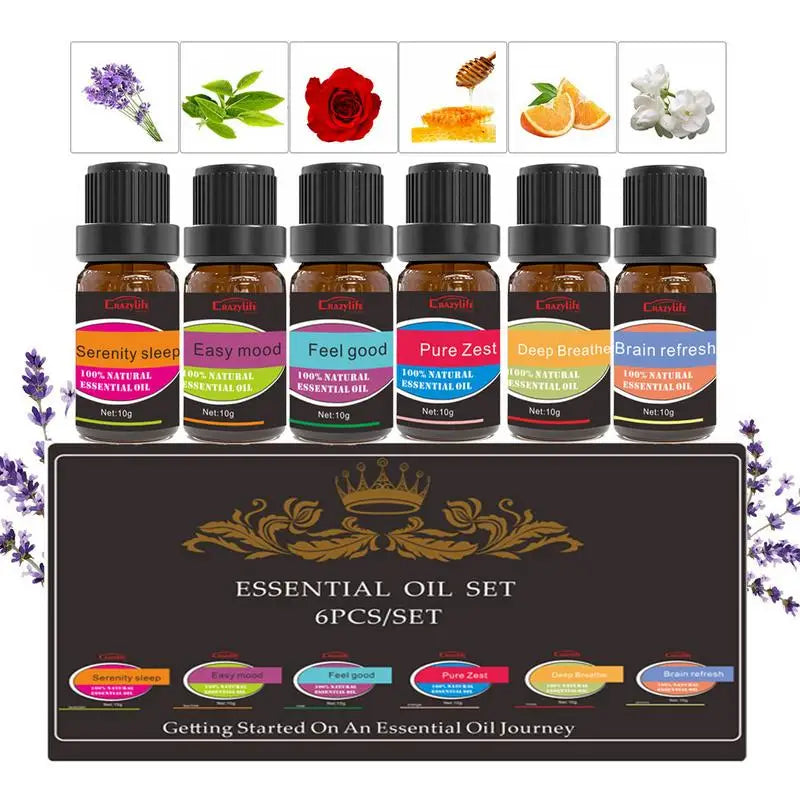 6-Piece Natural Aromatherapy Oil Set for Humidifiers, Diffusers, Skin Care, Massage & Relaxation