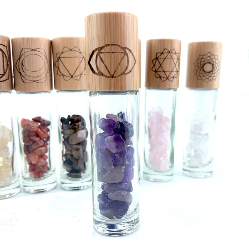 7-Piece Chakra Stone Roller Bottle Set with Engraved Symbols