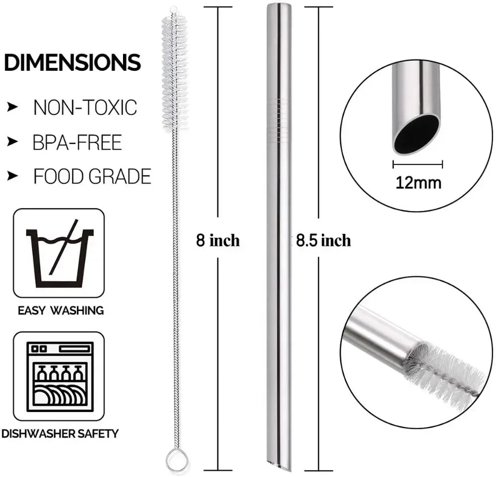 4-Pack Reusable Stainless Steel Boba Straws with Angled Tips, 0.5" Wide