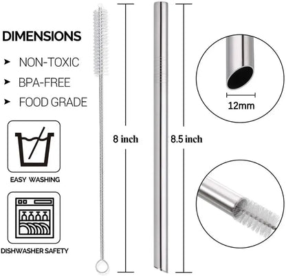 4-Pack Reusable Stainless Steel Boba Straws with Angled Tips, 0.5" Wide