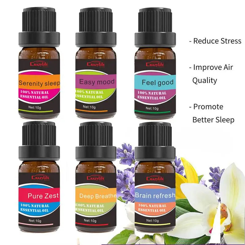 6-Piece Natural Aromatherapy Oil Set for Humidifiers, Diffusers, Skin Care, Massage & Relaxation