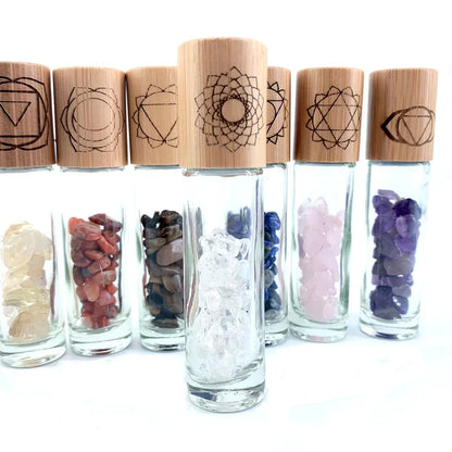 7-Piece Chakra Stone Roller Bottle Set with Engraved Symbols