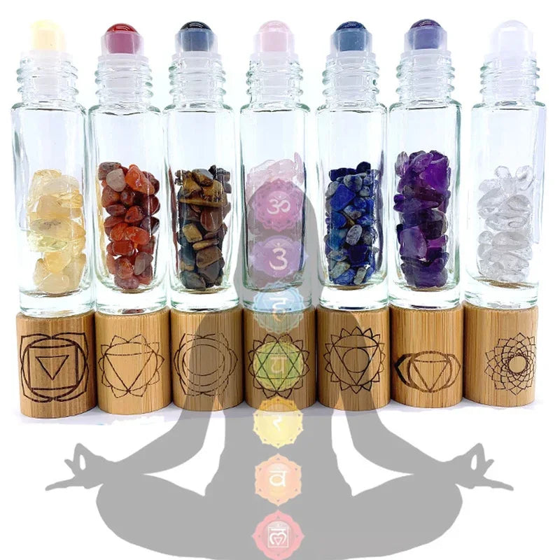 7-Piece Chakra Stone Roller Bottle Set with Engraved Symbols