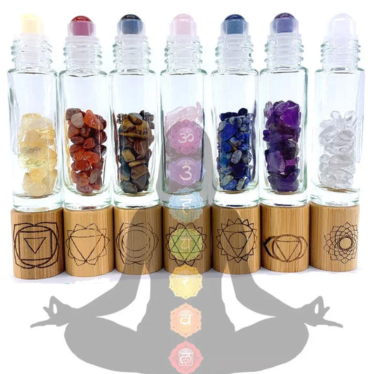 7-Piece Chakra Stone Roller Bottle Set with Engraved Symbols