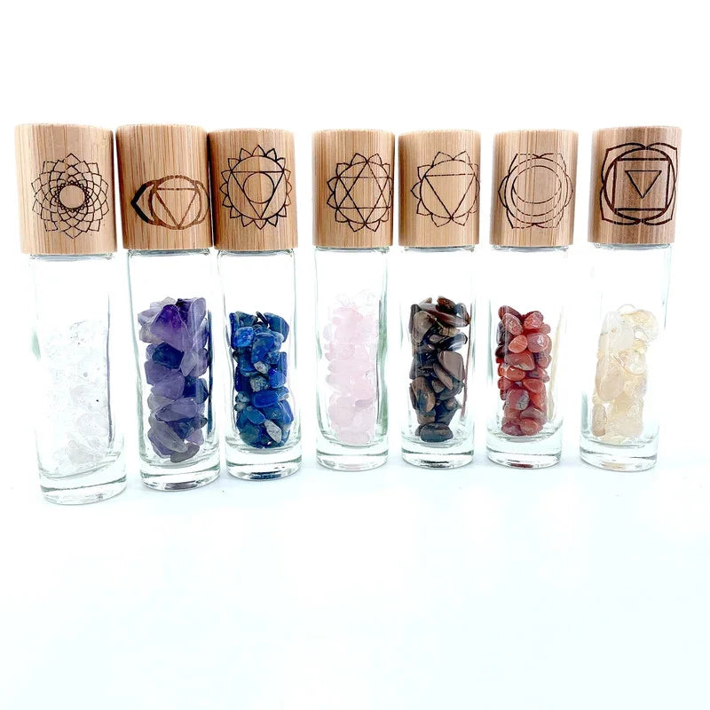 7-Piece Chakra Stone Roller Bottle Set with Engraved Symbols