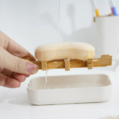 Bamboo Soap Bamboo Eco-friendly Portable Soap Dish with Handcrafted Wooden Holder and Tray for Bathroom Storage