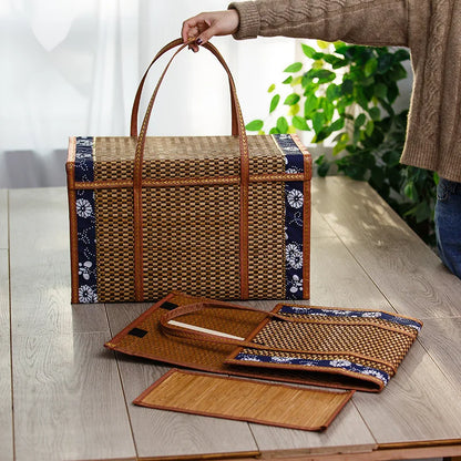 Portable Hand-Woven Bamboo Picnic Basket