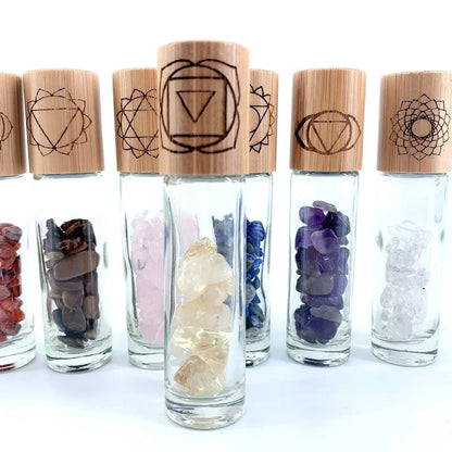 7-Piece Chakra Stone Roller Bottle Set with Engraved Symbols